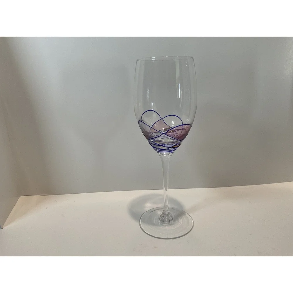 Set‎ of 3 Art Glass Wine Glasses Swirl Design Pink Blue Accent